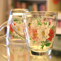 New decor Korean cold-resistant hot glass water cup peony roasted flower high temperature lead-free thickening anti-explosion handle cup