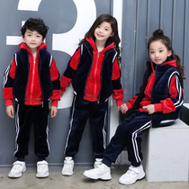  2020 childrens school uniform set Primary school kindergarten garden clothes spring and autumn three-piece golden mink velvet men and women children plus velvet