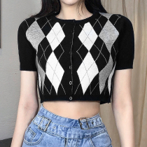 H home-style retro diamond woven short-sleeved cardigan T-shirt female college style basic round neck bottomed blouse short top