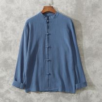 Chinese cotton and linen shirt men long sleeve solid color base shirt buckle ethnic style kung fu shirt Tang suit linen coat