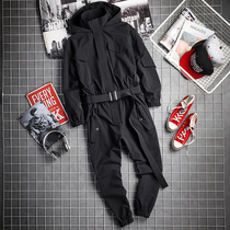 Spring and autumn hip-hop sports Korean version of mens one-piece jacket jacket suit Men and womens trend tie-foot tooling jumpsuit