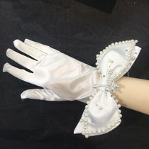 Bride gloves white short color bow imitation pearl wedding dress short Korean satin wedding photo gloves