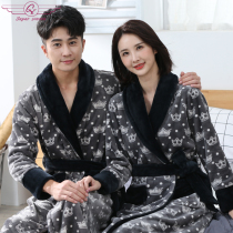Nightgown women autumn and winter thick extended printed flannel warm pajamas men coral velvet bathrobe couple pair pair