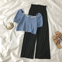Fashion Foreign Air Ice Silk Broadlegged Pants Summer New Suit Square Collar Short Sleeve Blouses Small Sub high two sets damp