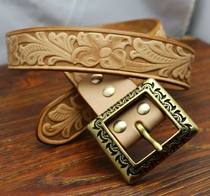 Imported tanning leather headlayer primary color cowhide handmade custom belt brass carved belt buckle screw pin buckle