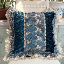 High-grade European style gold velvet pillow sofa cushion cover waist pillow backrest lace side cushion cover Mediterranean blue