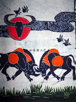 Batik single-layer wall painting creative decorative painting batik cloth painting Guizhou batik painting bullfighting 70 * 80cm