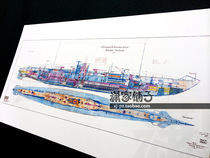 German World War II German Army U-shaped submarine drawing U139 structure diagram poster decoration painting