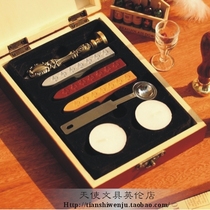 Vintage fire paint letter seal set Wooden box Metal peacock handle Wax gift box British Birthday Christmas gift