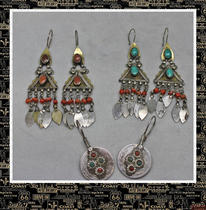 ch jewelry-West Asian old silver gilt inlaid old red agate turquoise drop earrings