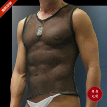 Summer clothes European and American mens vest round neck transparent mesh underwear sexy casual slim fitness sports fitness vest customized