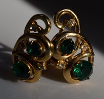 Atlantic Vintage Antique Jewelry France 80S Gold Plated Metal Emerald Green Water Drilling Retro Ear Clip G95