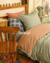 Korean imported American pastoral style retro green small broken flowers with dark red plaid ruffle four-piece bedding