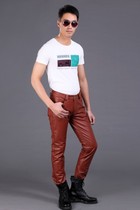 Original design custom calfskin slim plus velvet thickened warm leather pants men motorcycle riding windproof leather pants