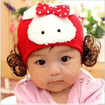 Korean version rabbit childrens hat Baby wig hat Cotton thread hat Autumn and winter pullover hat Baby hat Knitted hat