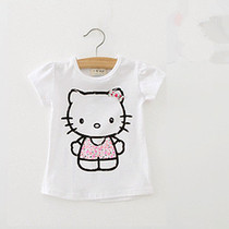 Clearance summer girls clothing bowknot kitty cat childrens cotton round neck short-sleeved T-shirt white cotton cartoon