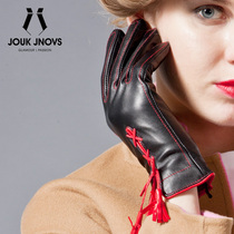 Fashion New Lady red rope sheep leather touch screen gloves plus velvet warm leather gloves