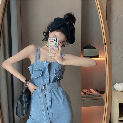 2020 Autumn and new loose Korean straight pants Wide leg pants Small daddy pants Strap denim jumpsuit