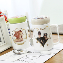 Creative DIY Customized Photo Mug Ceramic Cup Handmade Cup Couple Mug Non-Colored Cup with Lid Free Spoon