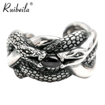 ruibeila925 Silver Unisex European and American Personalized Double Snake Inlaid Black Onyx Ring Vintage Punk Thai Silver Open Ring