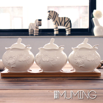  Ceramic seasoning tank Korean seasoning box bottle Seasoning tank box bottle Salt tank Three-piece set Kitchen supplies