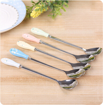 Ceramic handle stainless steel coffee short spoon zakka cartoon color small floral short spoon spoon mixing spoon