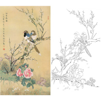 Gongbi painting white sketch background physical hook line print draft Yu Jigao flowers and birds 66*117 with color map 519T