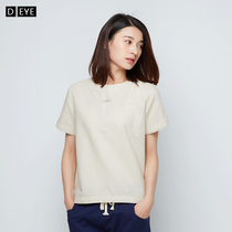 Summer womens cotton linen short sleeve T-shirt Chinese style buckle linen loose literary casual slim white shirt top