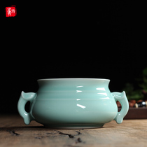 Zhang Jian handmade large double ear furnace incense burner Longquan Celadon antique incense burner Home decoration Buddha Hall big incense burner