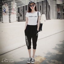 Pink small rag doll Korean version of new female leisure comfort sports style short sleeve Capri pants set two-piece