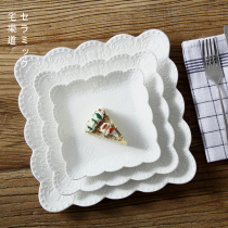 Leakage square relief European lace cake snack plate creative ceramic flat plate Western fruit plate tableware plate