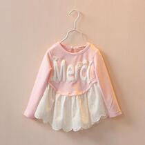 Spring and summer clothes girl girl baby printed letters hollowed-out lace pure cotton T-shirt dress with undercoat blouse