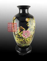 Fuzhou Traditional Characteristic Hemp Cloth tire Tire Lacquered Ware Vase Swing Piece Business Meeting Craft Gift Peony N1 bright black