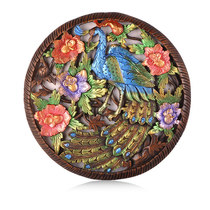 Thailand imported crafts solid wood carving round peacock carving board living room wall decoration porch partition hanging board