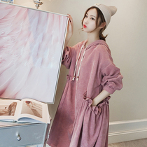 Pregnant women autumn 2021 New coat hooded long loose Korean coat pregnant women corduroy sweater women