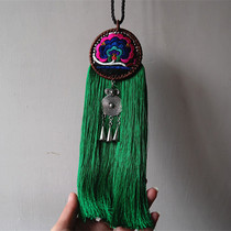 Handmade original exquisite rattan inlaid vintage old embroidery pine peach embroidery tassel seedling silver long necklace sweater chain pendant