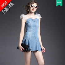 Naoxin does not fight 2367 fashion tight-fitting ruffle denim flying sleeve perspective stitching dress