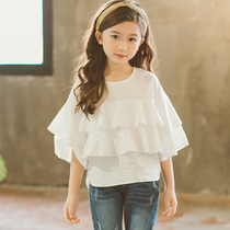 2021 spring and summer Korean childrens clothing girl T-shirt middle child trumpet sleeve cotton lace loose princess doll shirt