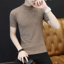 Spring and autumn mens semi-turtleneck sweater Mens short-sleeved sweater Korean version of the trend slim personality solid color half-sleeve line
