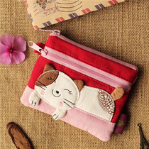 Cute cute cat multi-grid zipper change key bag Canvas art womens mini short small wallet coin bag