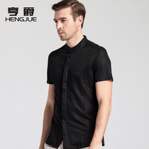 Linen short sleeve shirt mens cotton linen solid color small stand collar shirt summer black inch clothing thin shirt men Ramie