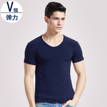 Mens V-neck short-sleeved T-shirt Korean version tight white pure cotton solid color blank undershirt Elastic sports fitness base shirt