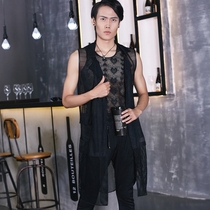 Korean mens trend personality vest spring and summer sleeveless knitted jacket with long mens horse clip vest