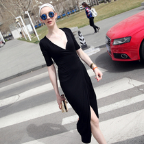 Net Red live broadcast European and American sexy spring womens V-collar lace waist slim dress black temperament split