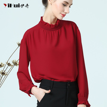 2021 new spring dress long sleeve chiffon shirt red stand neck lace base shirt slim shirt blouse European