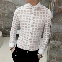 Rock god lace perspective dress Mens slim long-sleeved shirt Singer performance suit Hollow plaid transparent shirt