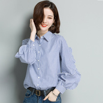Florian Shirt Woman Long Sleeve Han Fan Loose Lotus Leaf Side Pure Cotton Lining Women Striped Spring Autumn New Womens Bottom Blouse