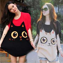 Fat MM thin size womens cartoon print T-shirt oversized bat sleeve short sleeve medium and long irregular age reduction T