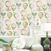 Environmental protection childrens room wallpaper bedroom cute and warm color cartoon stripe AB with hot air balloon wallpaper