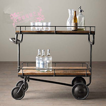 C008 Retro wrought iron solid wood cart Hotel wine cart Catering hot pot shop Buffet dining cart Side trolley